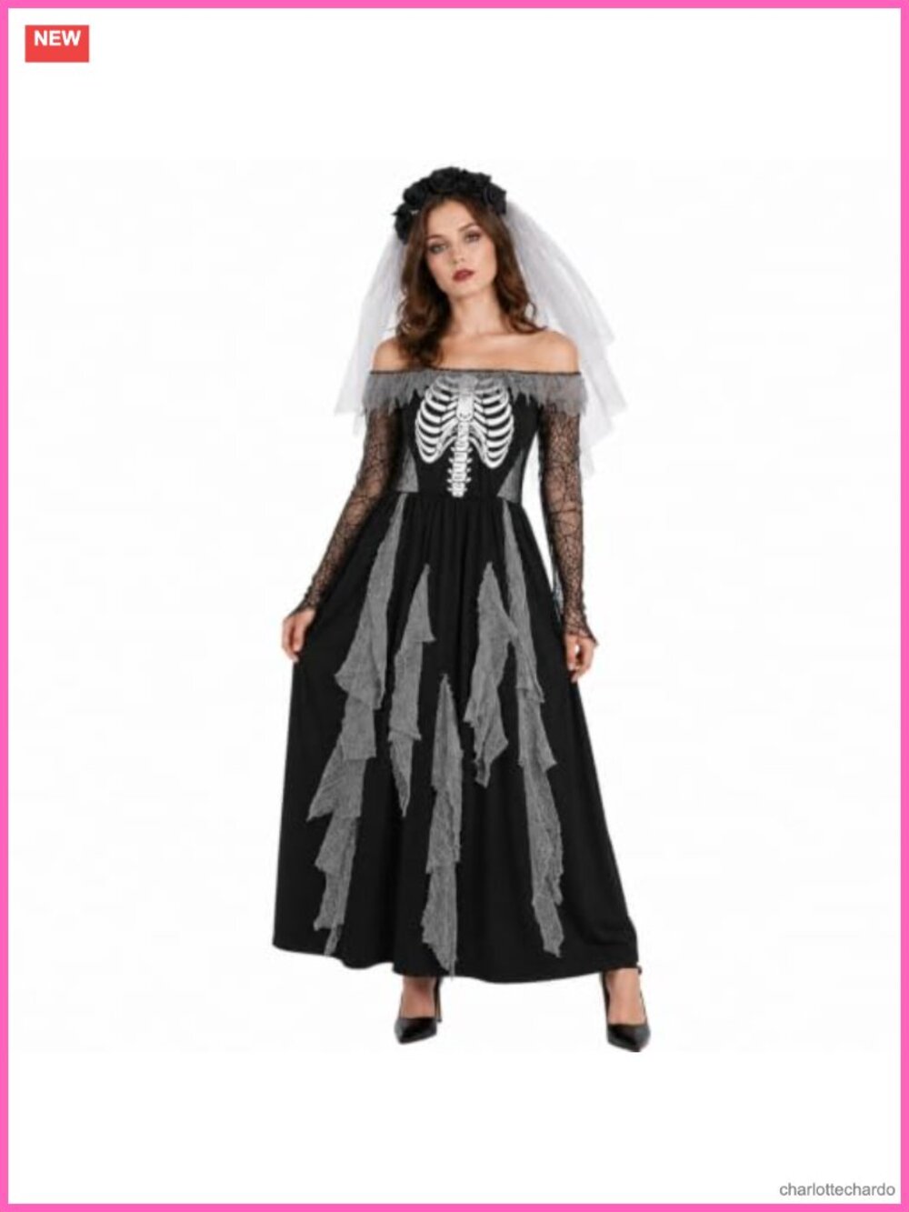Women's Zombie Bride Halloween Costume Gothic Skeleton Dress Cosplay